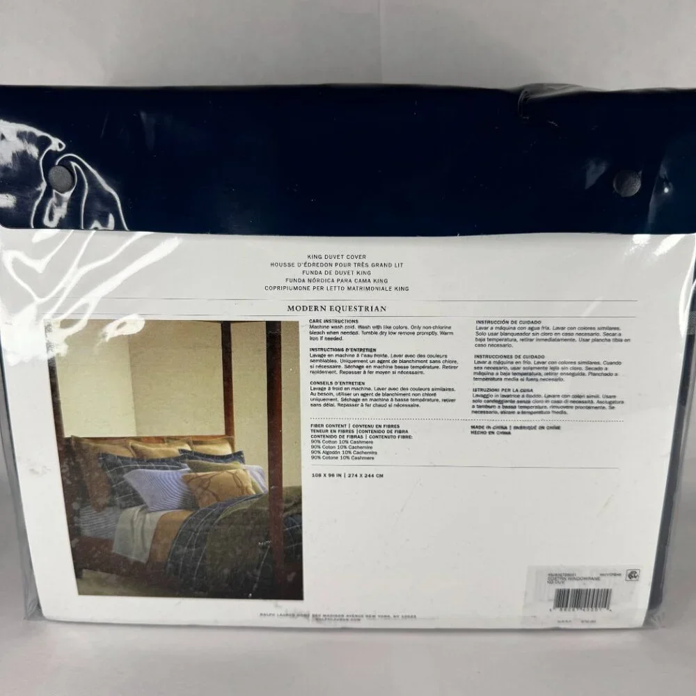 NWT Ralph Lauren Modern Equestrian Windowpane Navy/Cream King Duvet/shams set